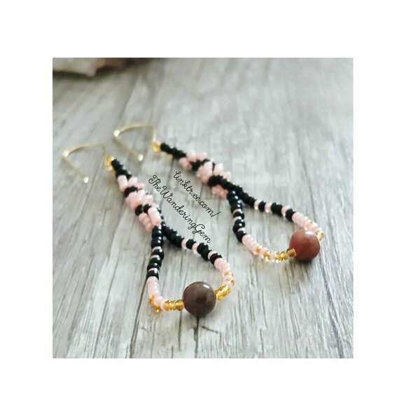BOGO EARRINGS Rhodonite Gemstone Spiral Beaded Dangle Earrings, Pink & Black - Picture 4 of 9